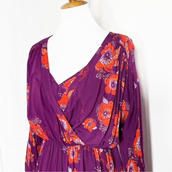 Free People Tropical Floral Print Faux Wrap Tie Sleeve Purple Peplum Blouse - Picture 3 of 15